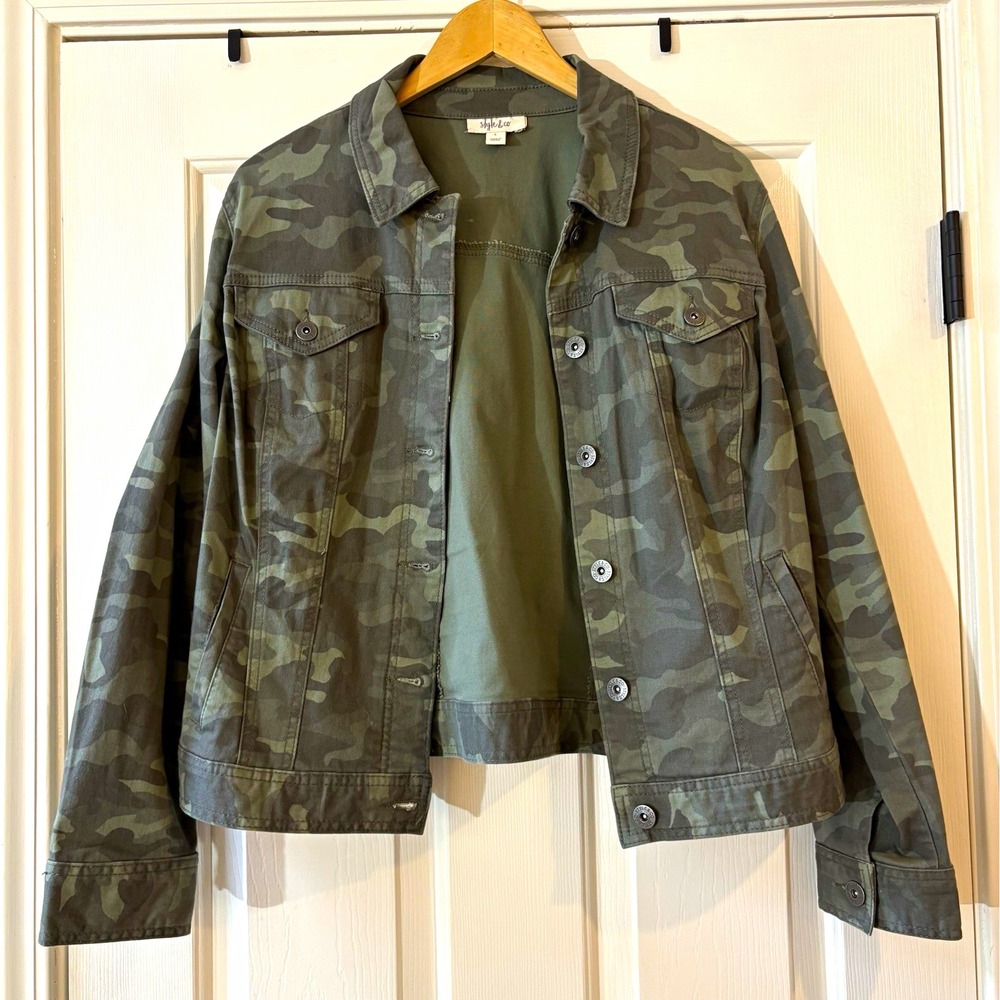 Style & Co Women Green Camouflage Twill Button Front Pocket Jacket L RN98828B